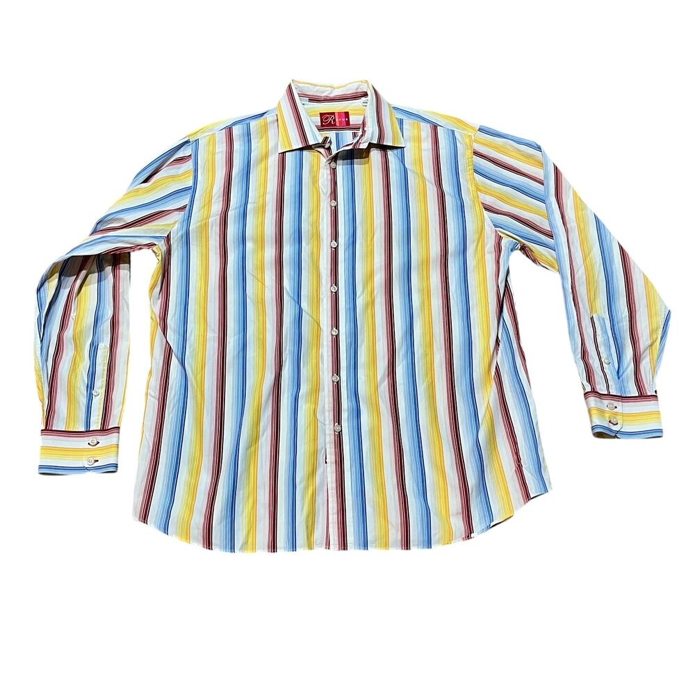 Rufus Mens Button Down Long Sleeve Dress Shirt Striped SZ L French cuff